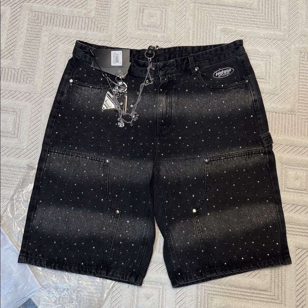 WATSON - Multi Rhinestone Black Denim Carpenter Shorts